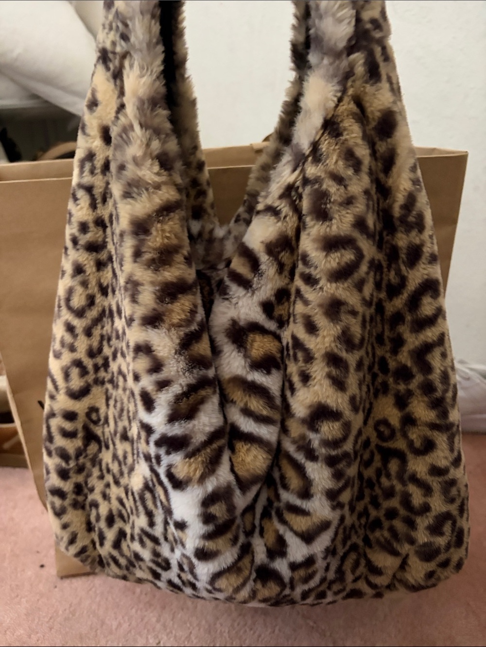 Brandy Melville Leopard Print Faux-Fur Tote - Brown/Black/Cream